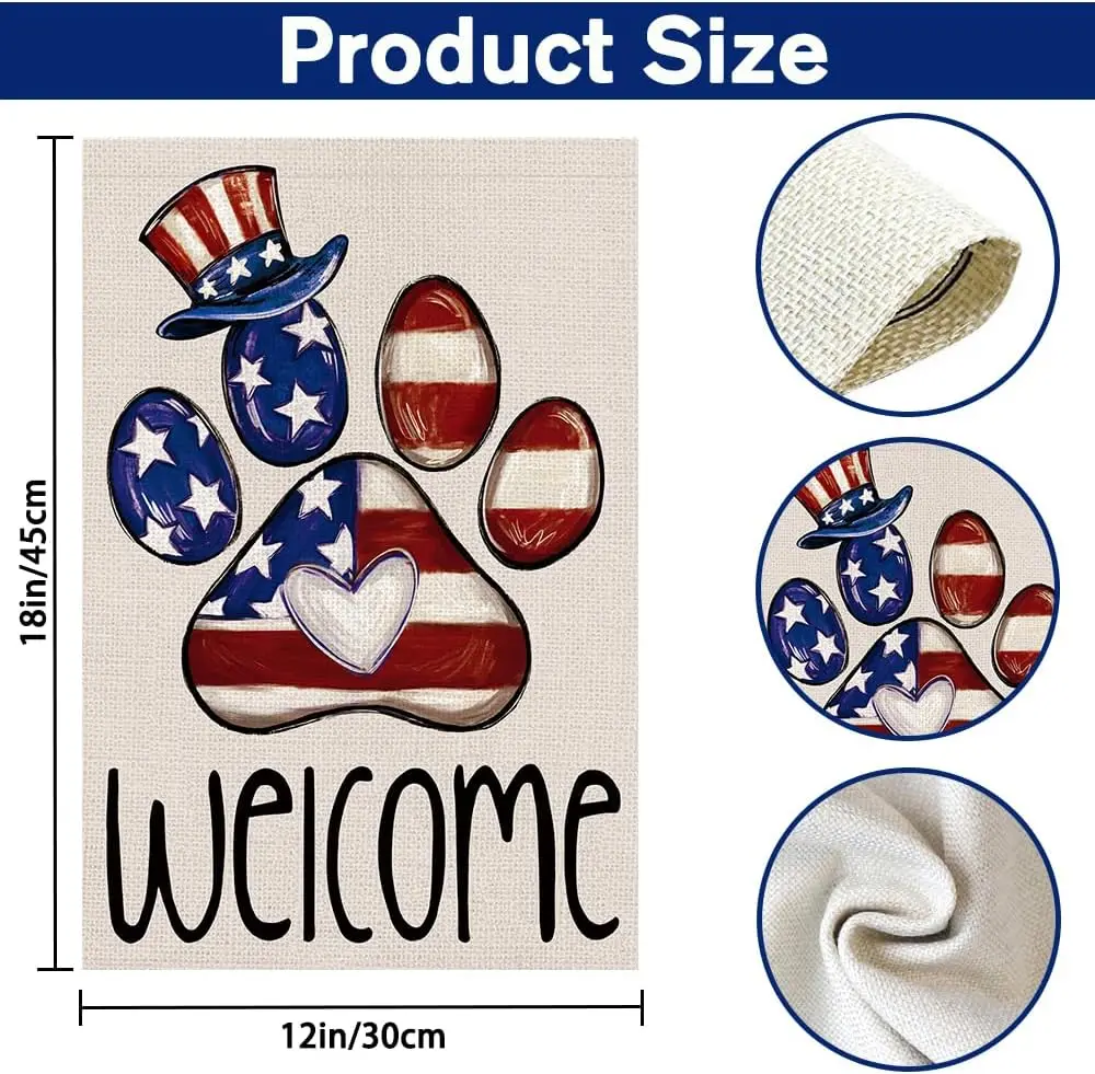 4th of July Paw Print Garden Flag Double Sided, Independence Day Patriotic Welcome Small Burlap Garden Flag for Outside Holi yyi