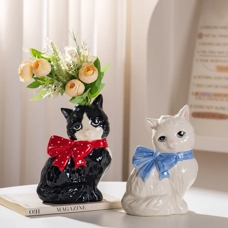 1Pcs Cute Cat Ceramic Vase, Creative Accessories Light Luxury Ceramic Vase Hydroponic Flower Arrangement Accessories