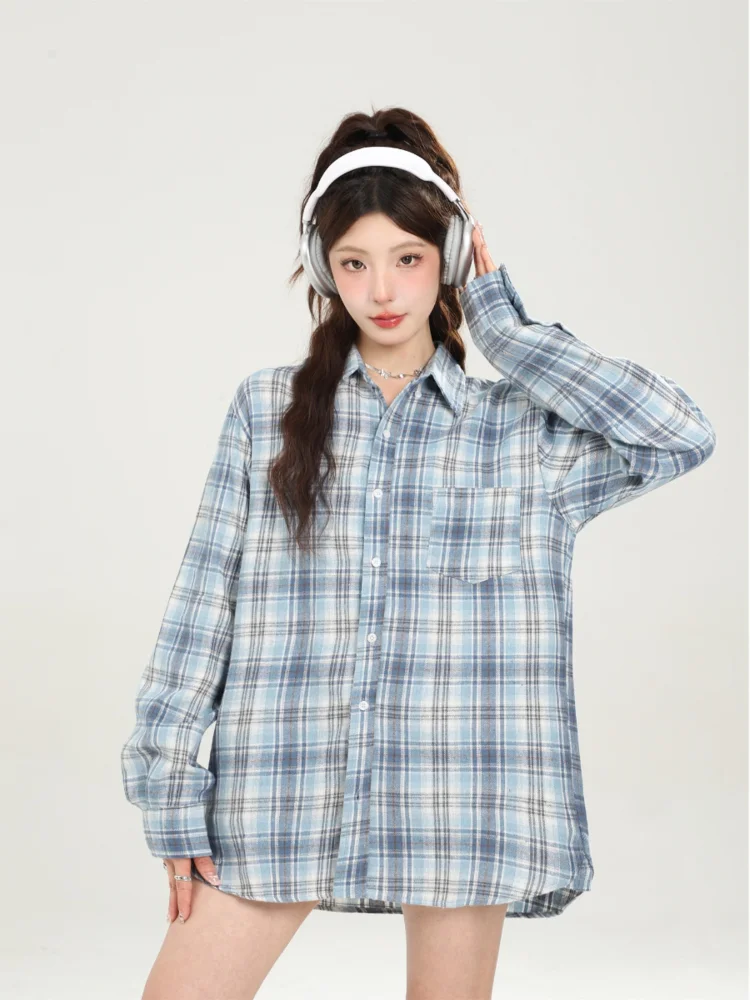 Long-sleeved shirt jacket women's loose casual multi-button American retro blue plaid top versatile fashion spring autumn models