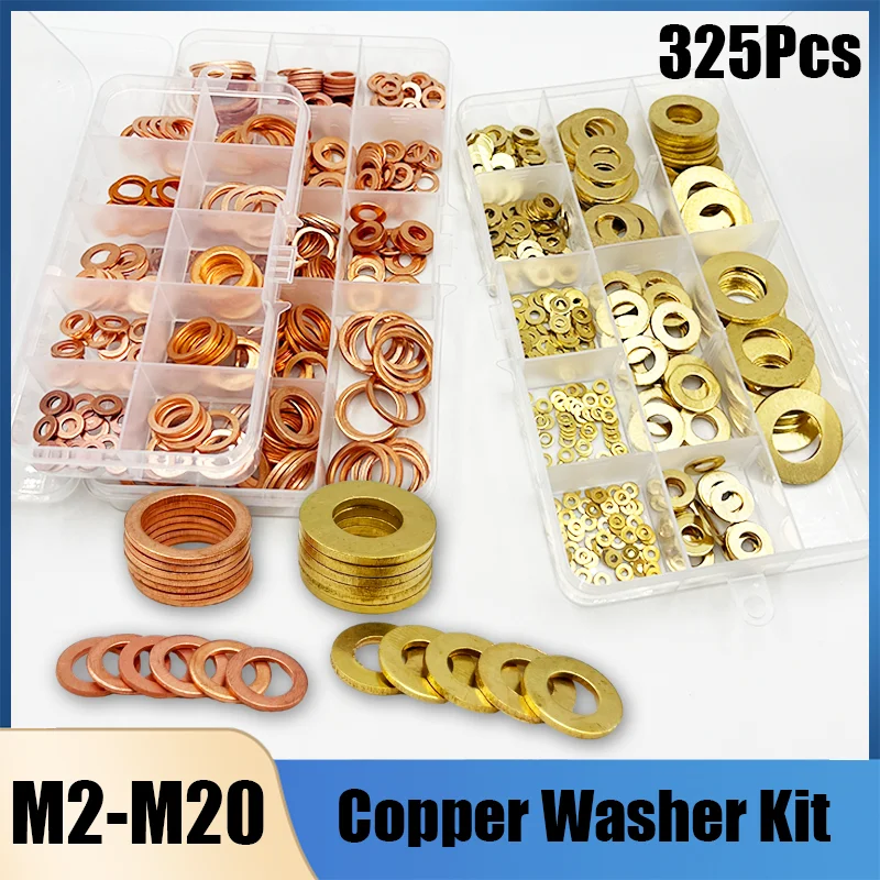 Copper Gasket Solid Brass Flat Washer Plain Seal Gaskets Ring Bolt Pad Mason for Sump Plug M2 M3 M4 M5 M6 M8 M10 M14 M16 M20 Kit