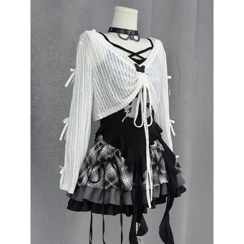 Spice Girl Fashion Design Suit Summer New Subculture Black Smock Irregular Y2k Suspender Plaid Puffy Skirt Three-Piece Set 2025 image 4