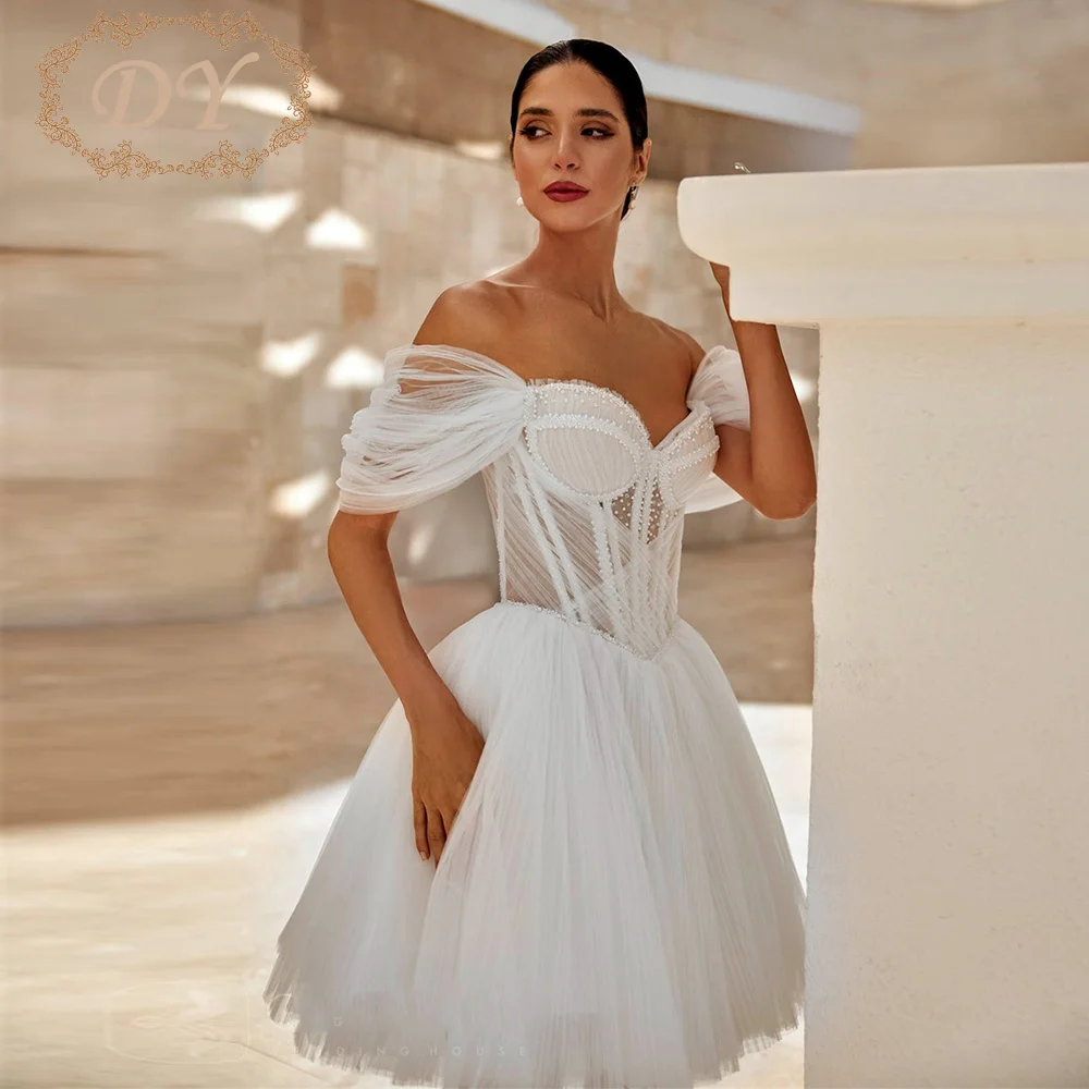 

DY Sexy Beaded Tulle Short Wedding Dresses Trend A-line Mini Bridal Gown Off-the-shoulder Fishbone Customized Robe De Mariage