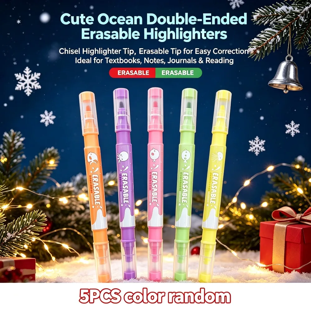 6pcs Cute Ocean Cartoon Double-Ended Fluorescent Highlighters; Pen Body Colors Are Random; Erasable Rubber Tip at the Base