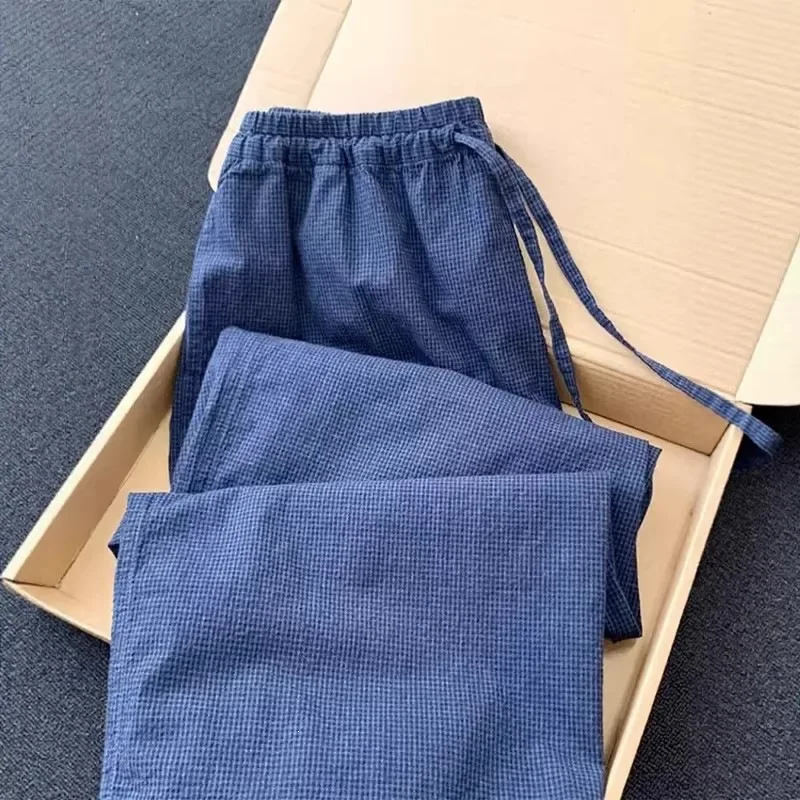 Retro Blue Plaid Casual Pants Drawstring Loose Fit Drapey Slimming Straight Leg Wide Leg Pants Versatile High Waist Trousers