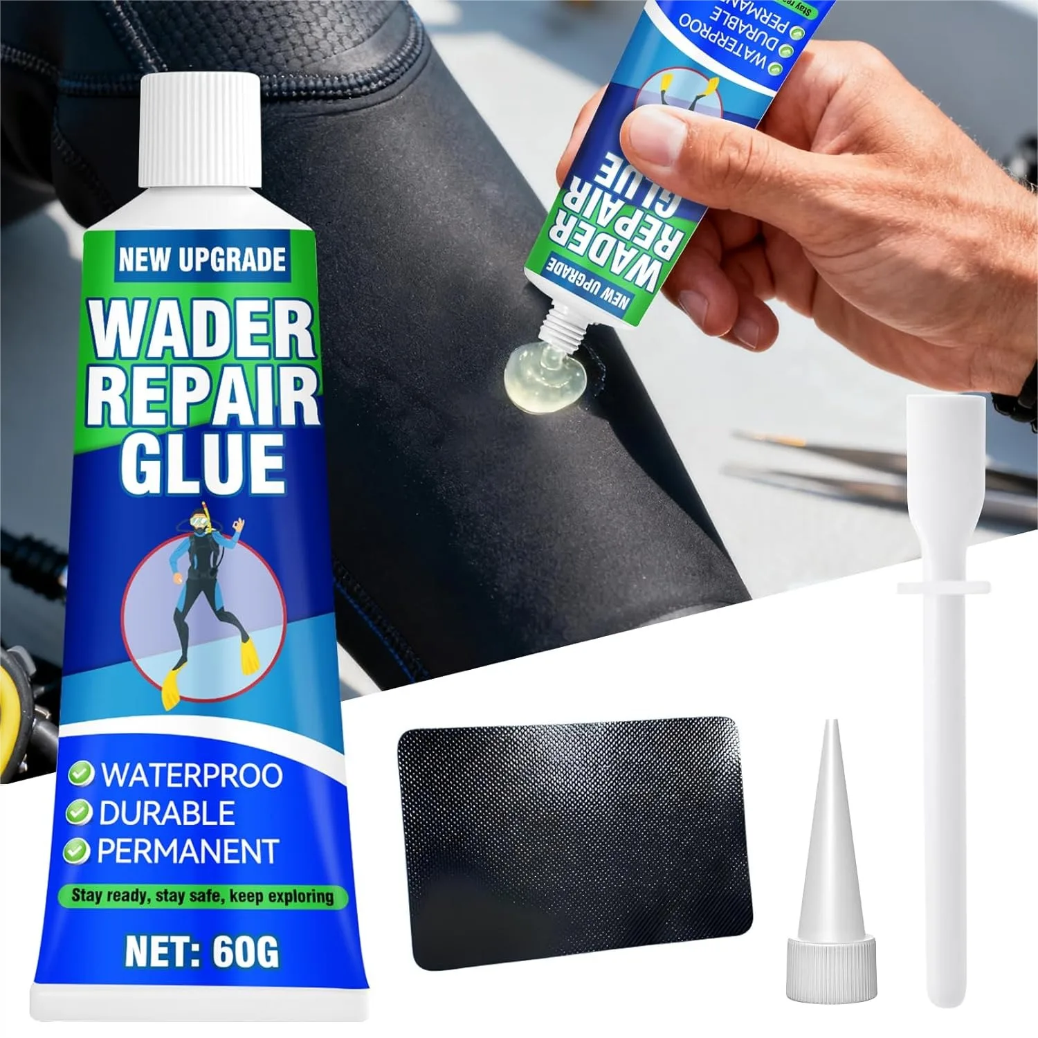 

Wader Repair Glue - Fast-Drying Flexible Patch Kit for Fixing Tears in Waders, Wetsuits, PVC Inflatables, Vinyl and Outdoor Gear