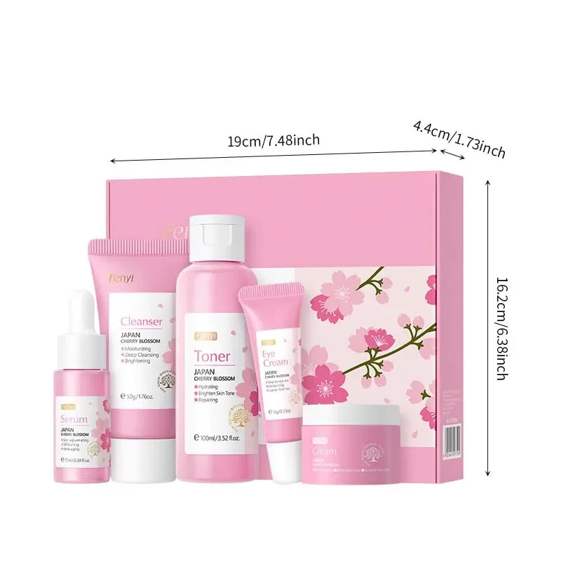 Conjunto de cuidados com a pele japonês sakura, 5 peças, kit de cuidados faciais, creme de essência, limpador, toner, soro, creme para os olhos, hidratante, linhas finas suaves