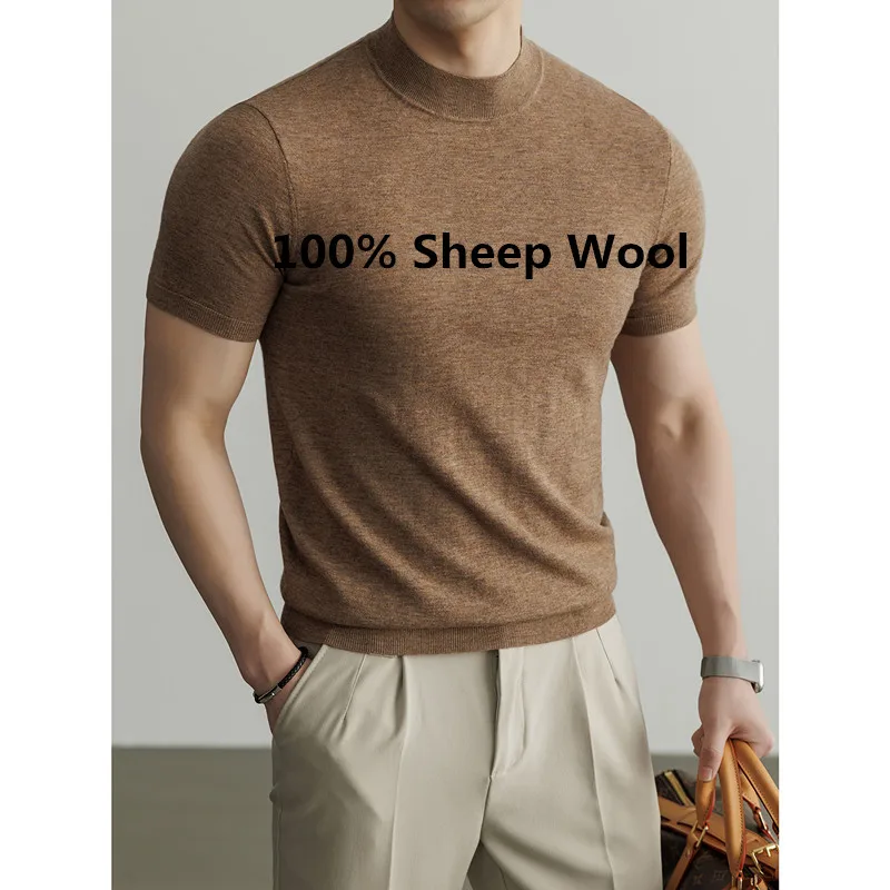 

Мужские трикотажные футболки из 100% овечьей шерсти, однотонные, повседневные, весна 2026, с коротким рукавом, пуловеры