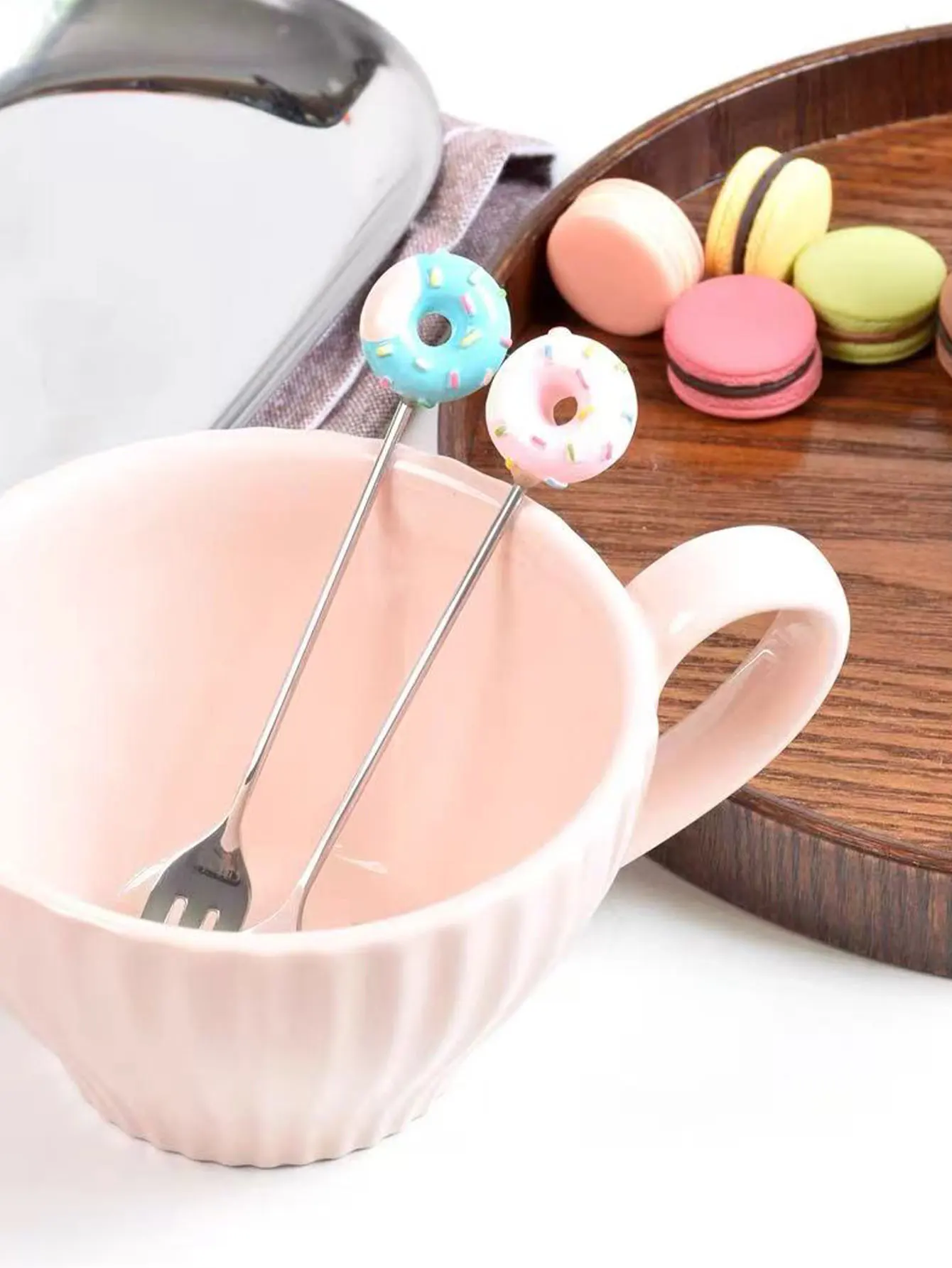 304 Fruit Spoon Cartoon Cute Donut Creative Small Fruit Fork Household Stainless Steel Cake Spoon Dessert Fork Spoon Set 2Pcs