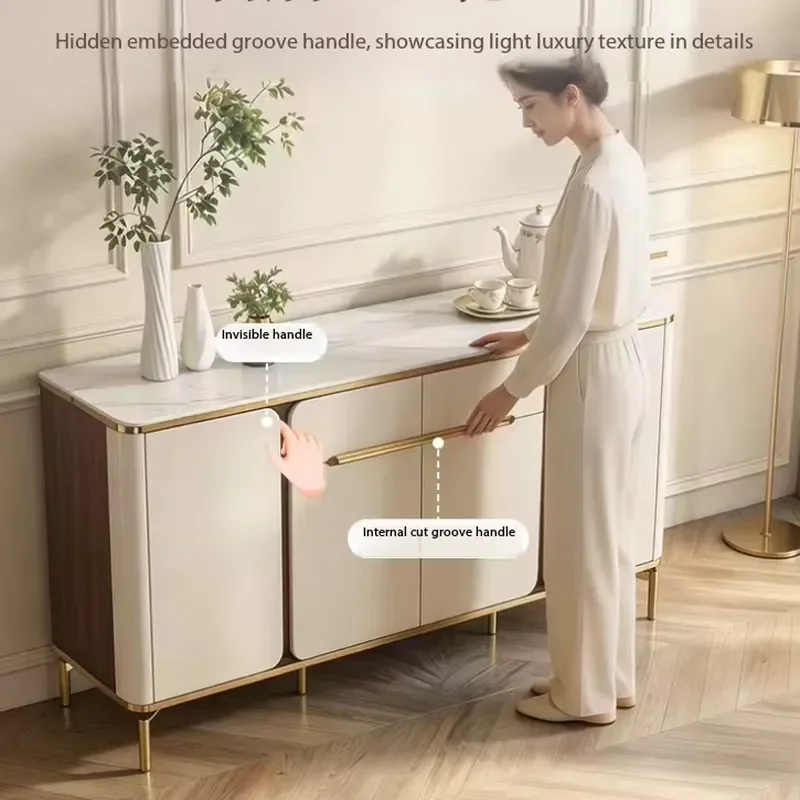 Luxury French Style Two Tone Wood Corner Dining Cabinet with Sintered Stone Top Gold Metal Frame Large Storage for Home Hotel