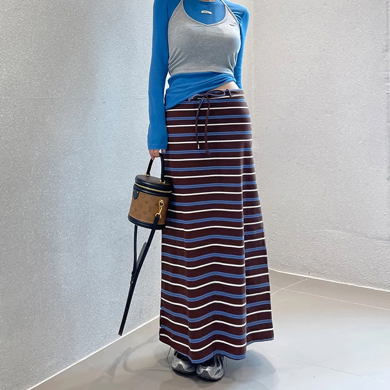 

2​Colors Lace Up Stripe long Skirts High Waist Bodycon Autumn 2025 Straight Faldas Korean chic Ropa Mujer Skirts Female(hx9360)