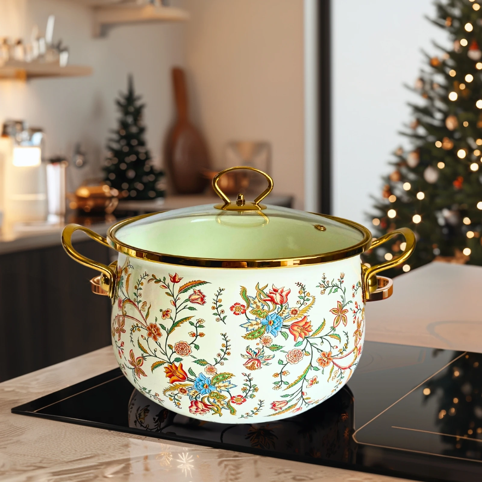 Sino-European Palace-Style Enamel Soup Pot with Blooming Flowers - Christmas Gift