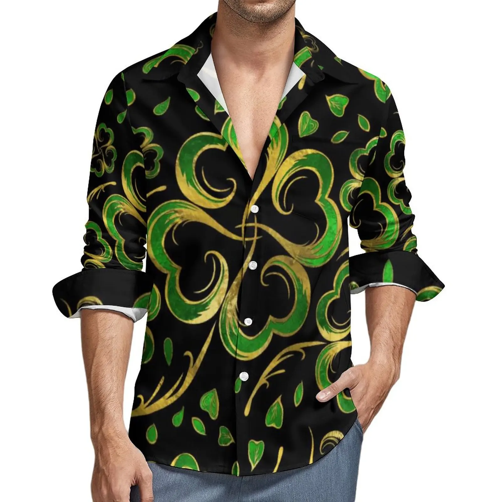 Irish Shamrock Four Leaf Shirt Spring Lucky St Patricks Day Casual Shirts Men Novelty Blouse Long Sleeve Graphic Fashion Tops