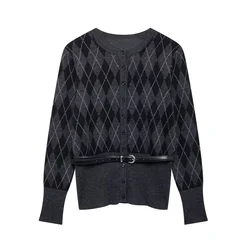 PB&ZA with belt diamond pattern knitted jacket for autumn and winter new products women's knitted jacket top