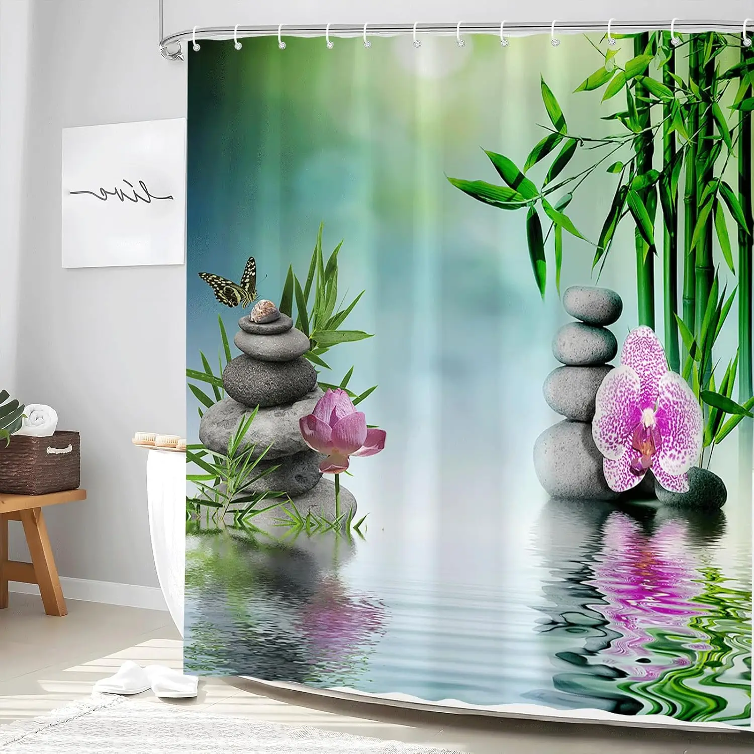 

Zen Shower Curtain Green Leaf Floral Purple Flower Butterfly Lotus Black Stone Japanese Garden Relax Meditate Spring Nature