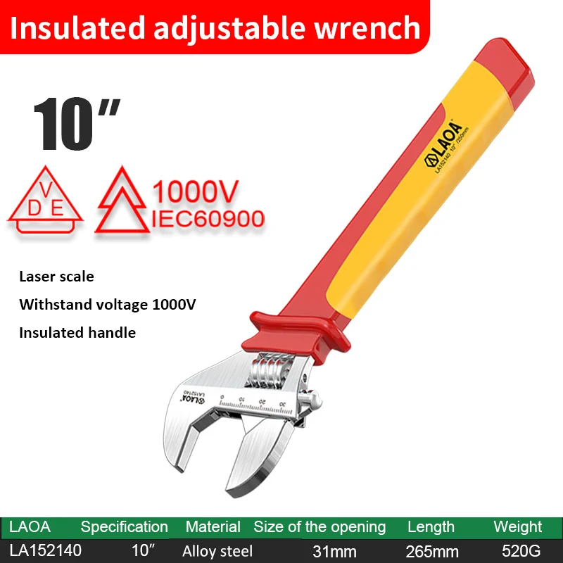 Laoa 8 "/10"/12 "1000V Geïsoleerde Verstelbare Sleutel Universele Spanner Elektricien Onderhoud Handgreep Deksel Handreparatiegereedschap