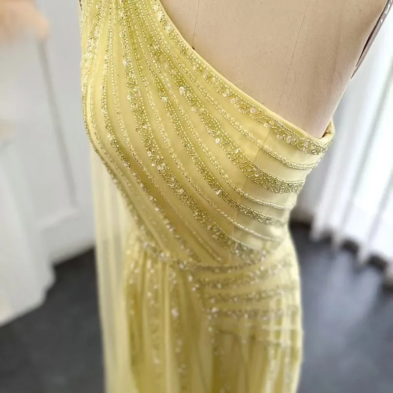 TaoYao Yellow Tulle Luxury Prom Dress One Shoulder Illusion Beaded Sequin Sleeveless Floor-Length Formal Occassion Dress 2023