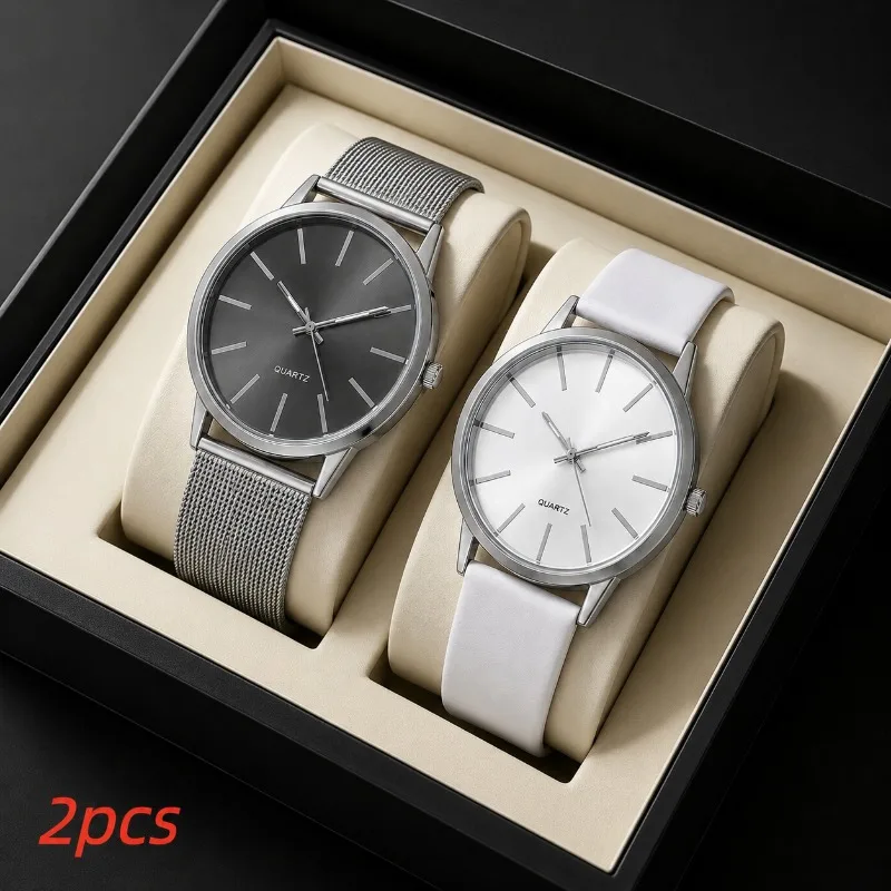2 Pieces Fashion Couple Watch Set Simple Business Mesh & Leather Strap Quartz Analog Wrist Watches For Men Women Best Gift