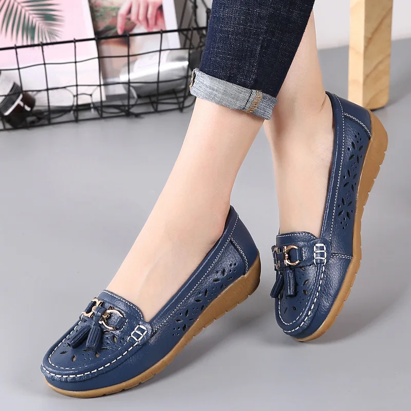 Summer Leather Women\'s Shoes Moccasins Platform Soft Boat Fashion Cutout Flats Casual Low Heel Nurse  Lolita Shoes