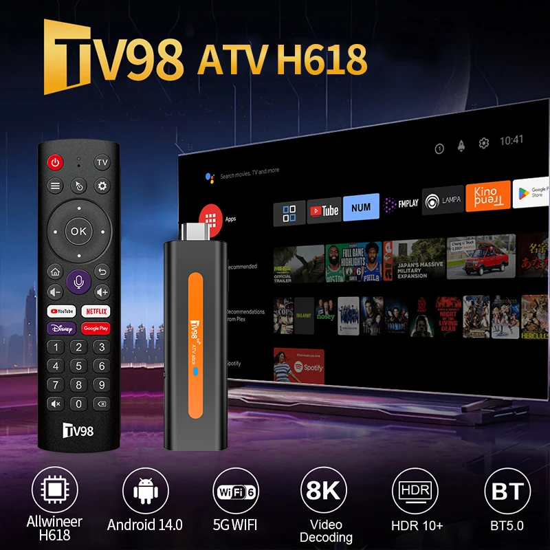 TV98 ATV عصا التلفاز الذكية Android14 H618 1080P HD TV box 2.4/5G WiFi TV استقبال لمشغل الوسائط Google YouTube Netflix