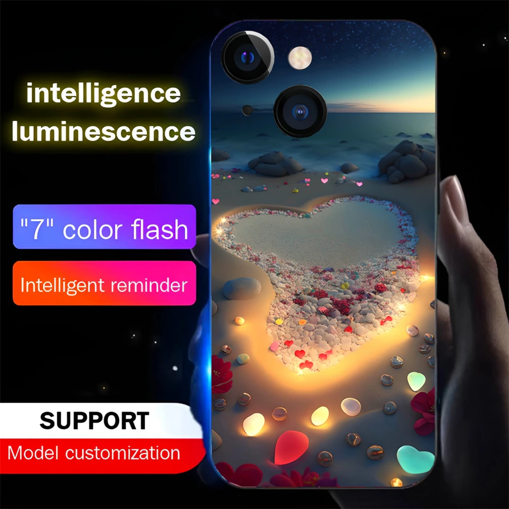 Cute Love Beach Sound Music Control Led Light Phone Case Glowing Cover For iPhone 15 14 13 12 11 Pro Max XR XS Plus 6 7 8 SE2020