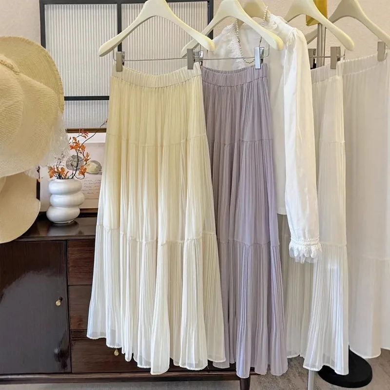 

Винтажная тюлевая юбка для женщин, уличная мода, эластичная, с высокой талией, плиссированная, сетчатая, летняя, элегантная, корейский стиль, А-силуэт, офисная, новая