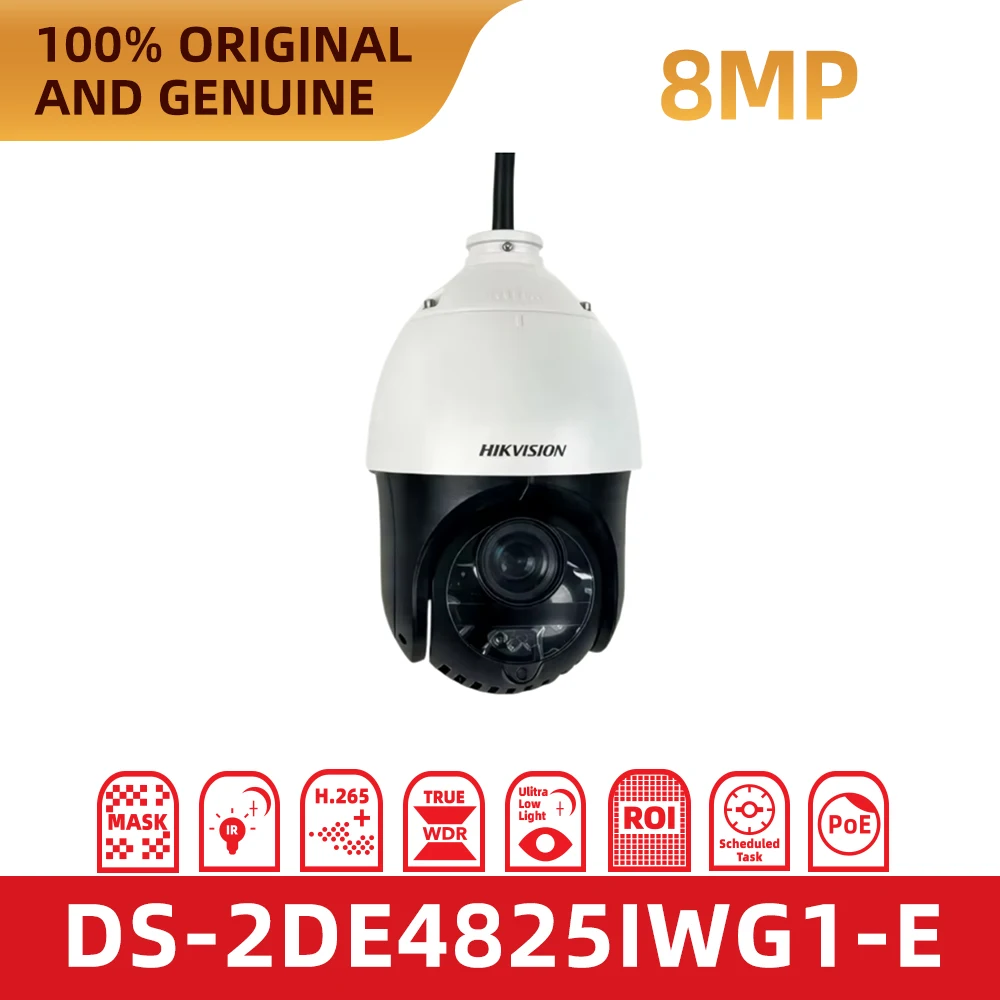 Original Hikvision DS‑2DE4825IWG1‑E 8MP 4K PTZ Speed Dome IP Camera 25X Optical Zoom AcuSense Strobe Audio Alarm DarkFighter IR1