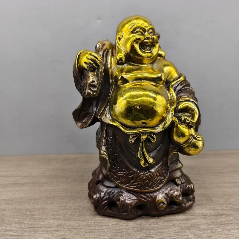 Gilt copper golden bag Maitreya Buddha craft with a rich patina