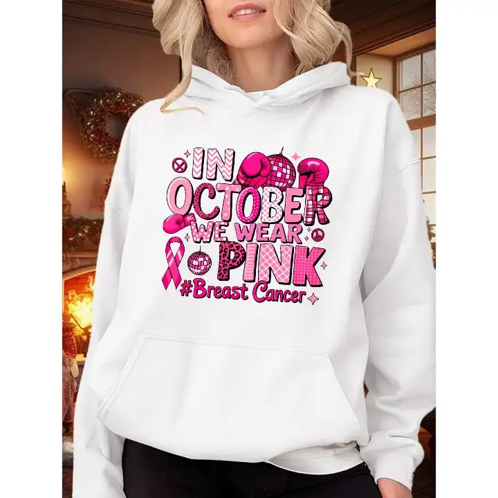 

Pink Ribbon Breast Cancer Awareness Hoodie for Women, "In October We Wear Pink" Graphic Sweatshirt, Support Hope Top