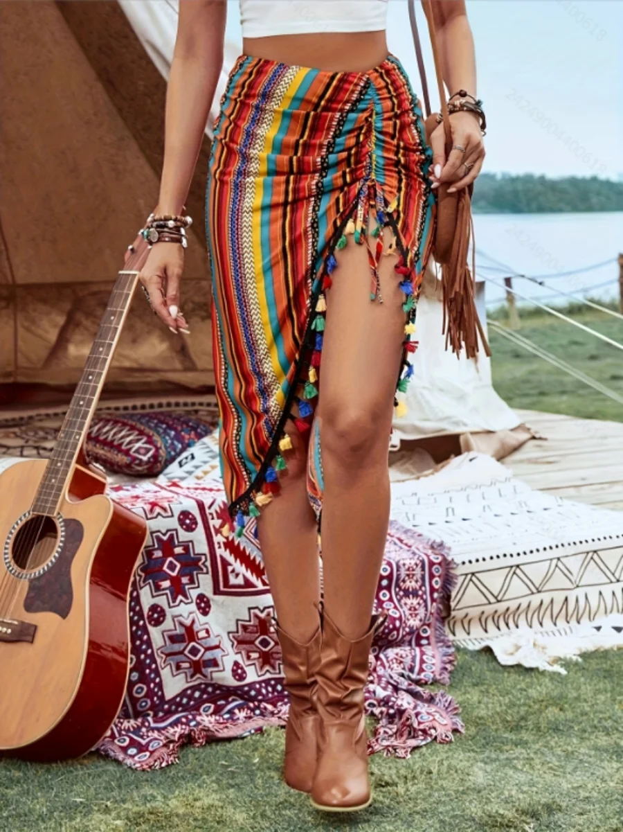 

The 2025 Summer Music Festival Women's Pleated Skirt Features Color Blocks Stripes And Asymmetrical Ruffled Decorations