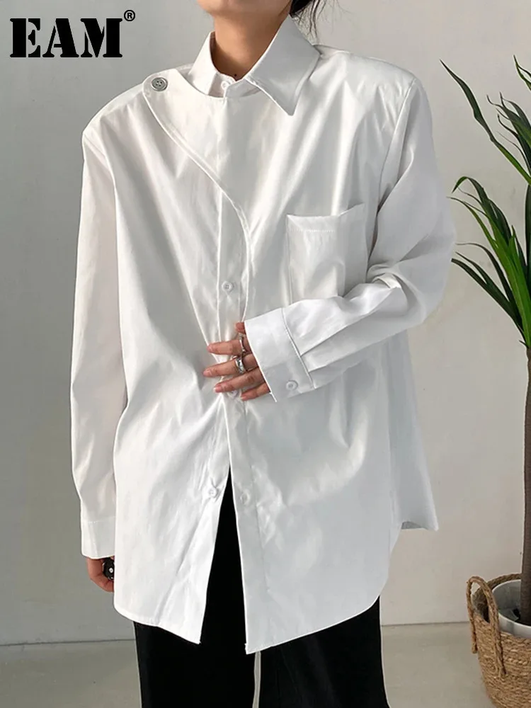 [EAM] Women White Irregular Big Size Blouse New Lapel Long Sleeve Loose Fit Shirt Fashion Tide Spring Autumn 2024 1DF7024