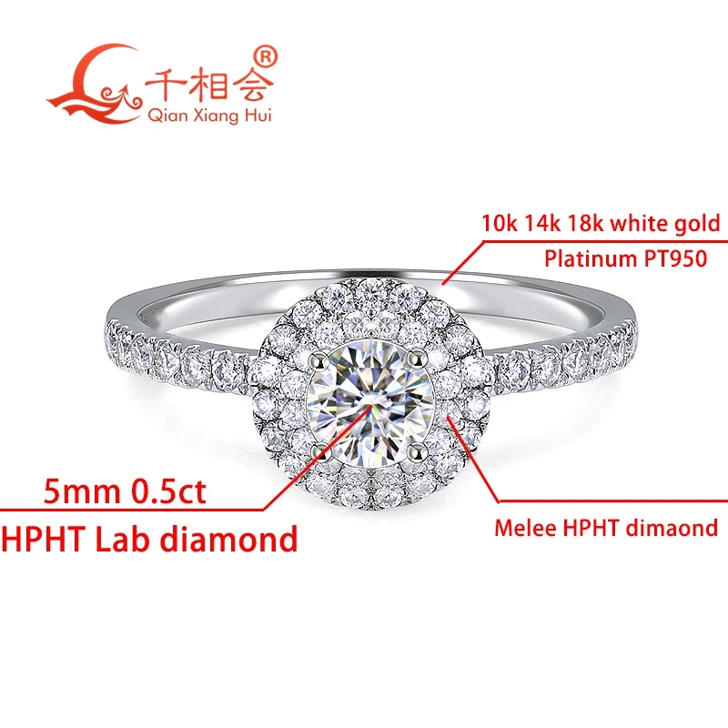 

9mm 10k 14k 18k white gold Platinum PT950 0.5ct 5mm melee HPHT lab Diamond Ring Luxury Halo cetficated for Women Girls Gifts