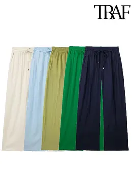 TRAF 2023 الصيف رقيقة الكتان النساء السراويل الرباط عالية الخصر الجانب جيوب كامل طول مستقيم بانت الإناث بنطلون