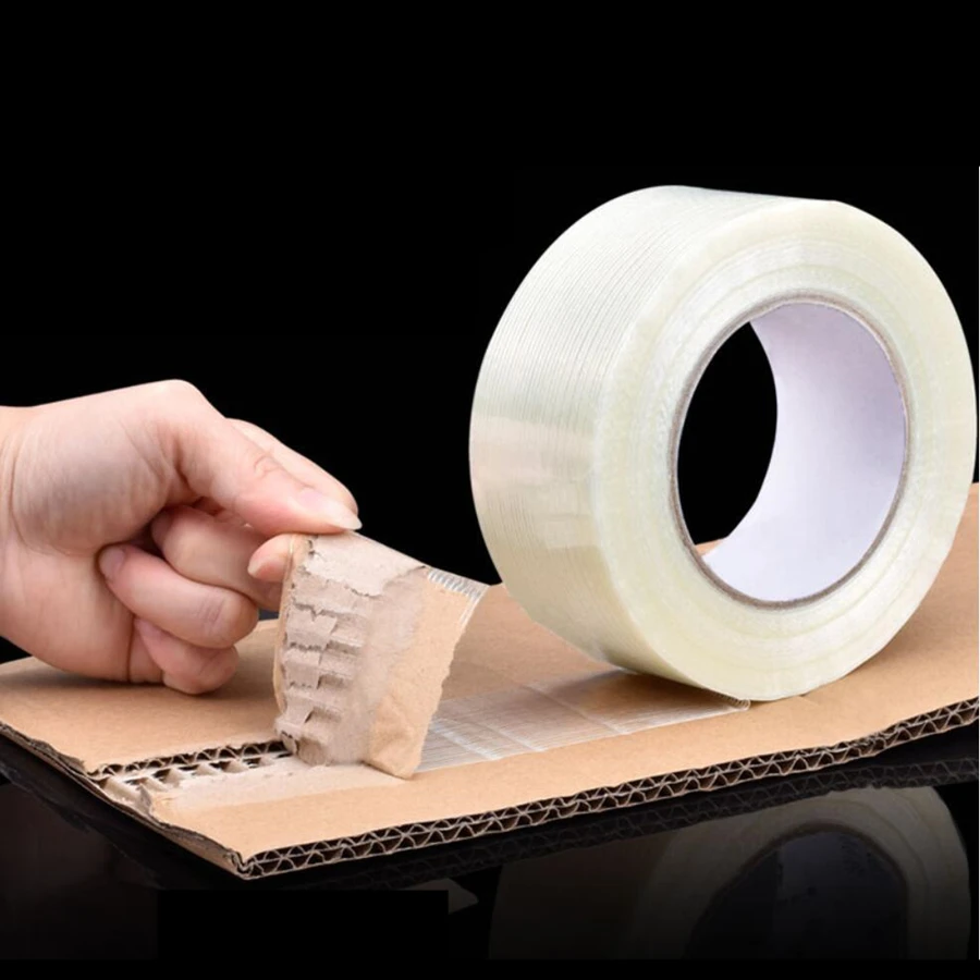 25M Strong Glass Fiber Transparent Striped Single Side Adhesive Tape Industrial Strapping Packaging Fixed Seal Tape