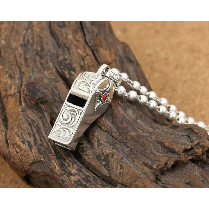 S925 pure silver jewelry retro Thai silver simple rose patterned whistle pendant for men and women