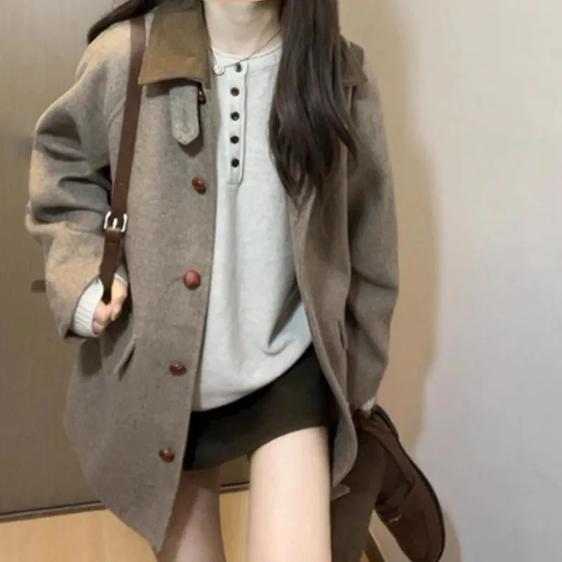 New Autumn Collection with High-end Look Petite Lapel Woolen Overcoat Fashion Simple A Retro Korean-style Woolen Coat for Women