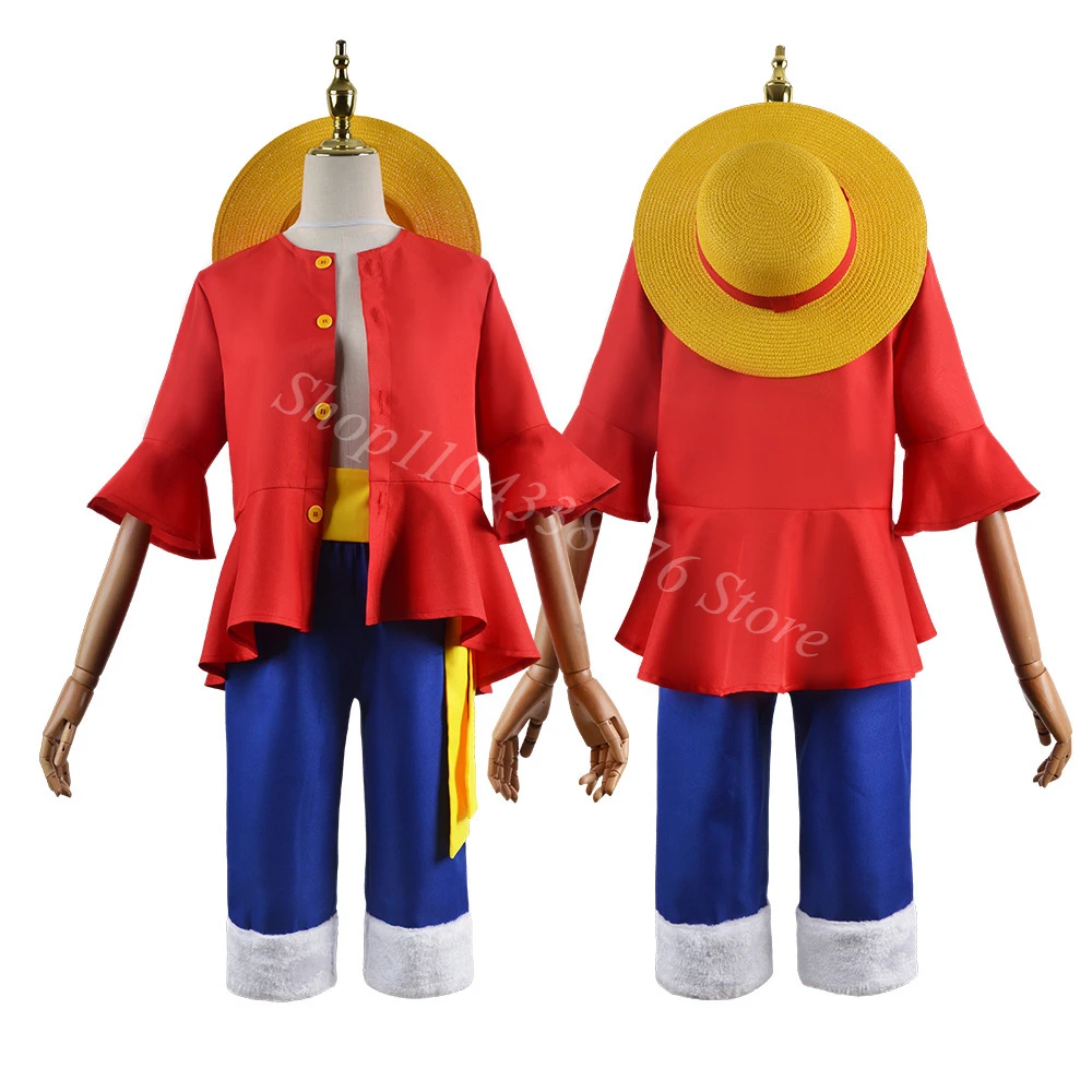 

New Anime ONE PIECE Luffy Cosplay Costume Straw Hat Red Jacket Halloween Carnival Party Costumes for Adult Kids