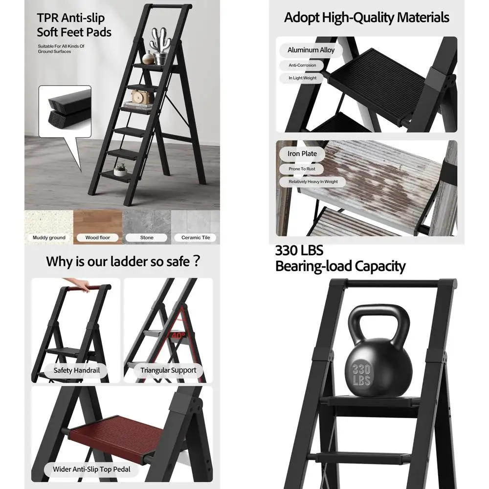 

6-ступенчатая лестница, легкая складная стремянка с удобной рукояткой, алюминиевая стремянка емкостью 330 фунтов для офиса, дома