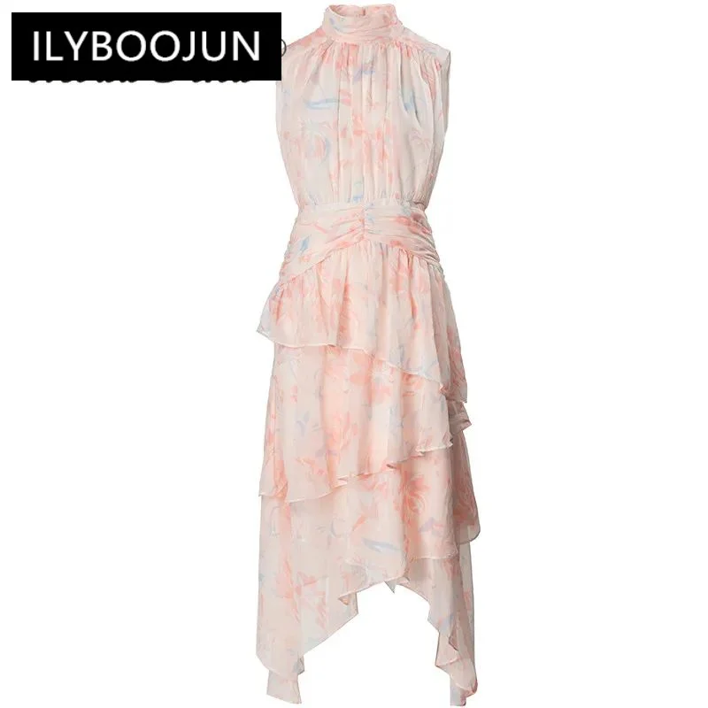 

ILYBOOJUN Summer Fashion Runway c Women Elegant Bohemian Floral Print Draped Cascading Ruffle Lrregular Sleeveless Dresses