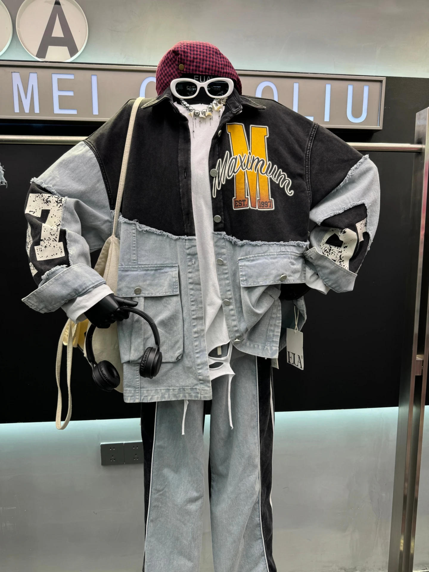 European Style Printed Pocket Long Sleeve Denim Shirt for Women 2025 Autumn New American Retro Color Block Loose Button Jacket