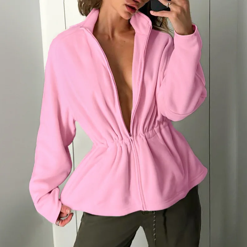 Fashion Casual Polar Fleece Sweatshirt Drawstring Stand Collar Long Sleeve Slim Coats Autumn Women Cozy Chic Outerwea
