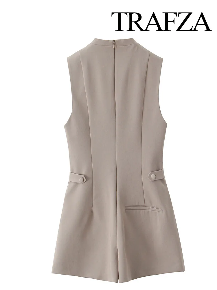 TRAFZA Summer Women Casual Sleeveless O Neck Slim High Waist Jumpsuits Woman Fashion Solid Elegant Single breasted Playsuits