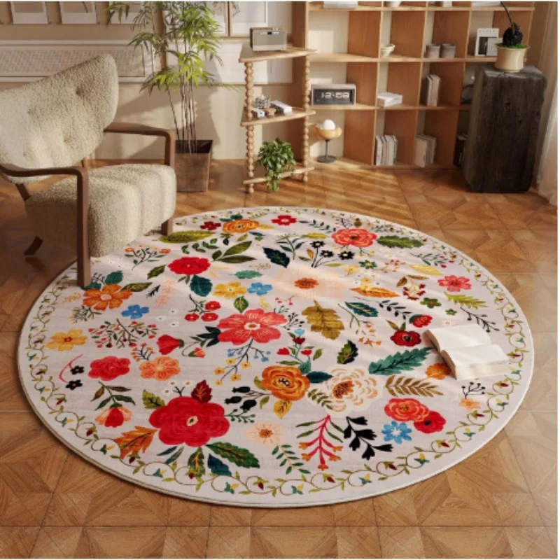 Retro Pastoral Flower Imitation Cashmere Carpet Household Round Sofa Rug Anti Slip Floor Mat