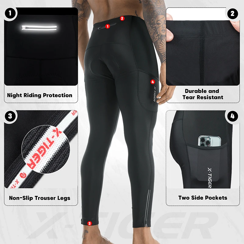 X-TIGER Herren Thermo-Radhose Winter Mountainbike-Hose Fahrrad-Tights mit Beinreißverschlüssen 5D Gel-Polster Thermo-Radhose – Detail 8