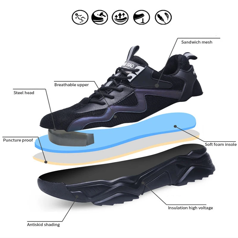 Waliantile Light Weight Safety Work Shoes For Men Women Steel Toe Cap Anti-smashing Working Boots Puncture Proof Safety Sneakers