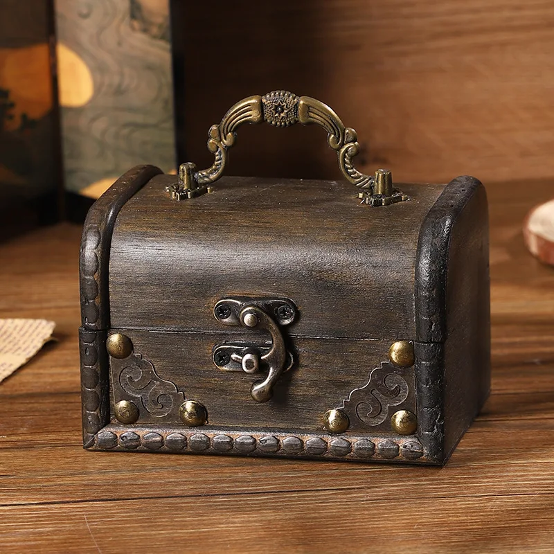 Boîte à bijoux en bois antique, boîte de rangement de bureau avec serrure à combinaison. Boîte à trésor vide avec clé-clue pour escape room