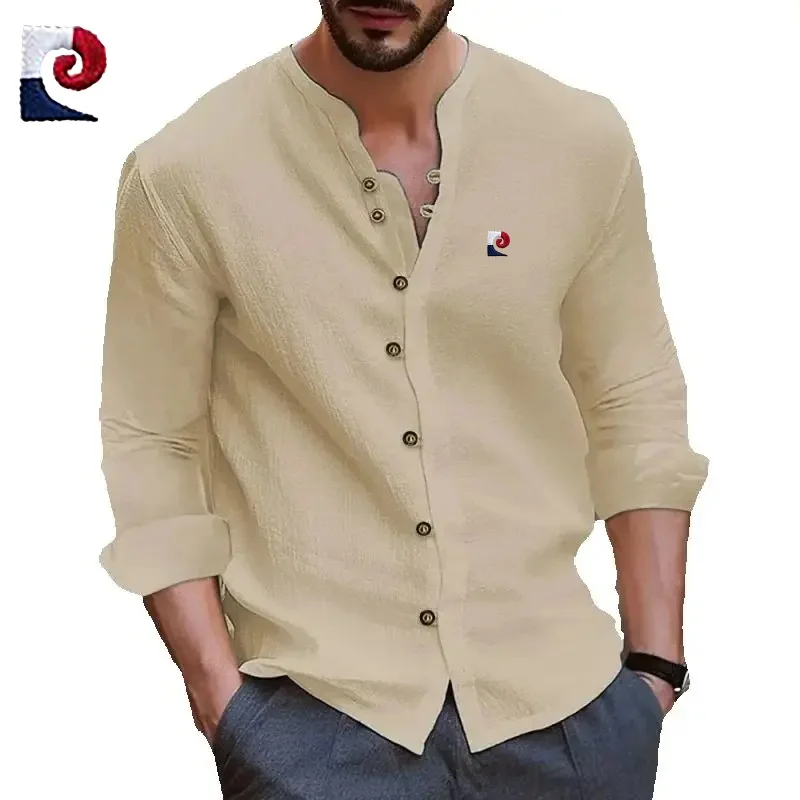 New men's high-quality retro cotton long sleeved shirt, trendy, casual, breathable, cool POLO shirt top