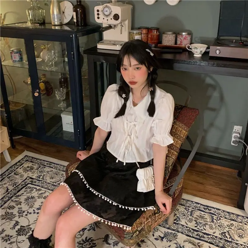 Summer College Japanese Jk Soft Girl Cute Puff Sleeve Korean Style Loose All-Match White Shirt Student Top Sweet