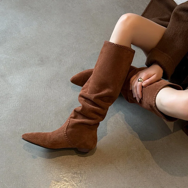 

Осенние плиссированные сапоги в стиле вестерн из коровьей замши, сапоги до колена без шнуровки на низком каблуке, женские сапоги большого размера