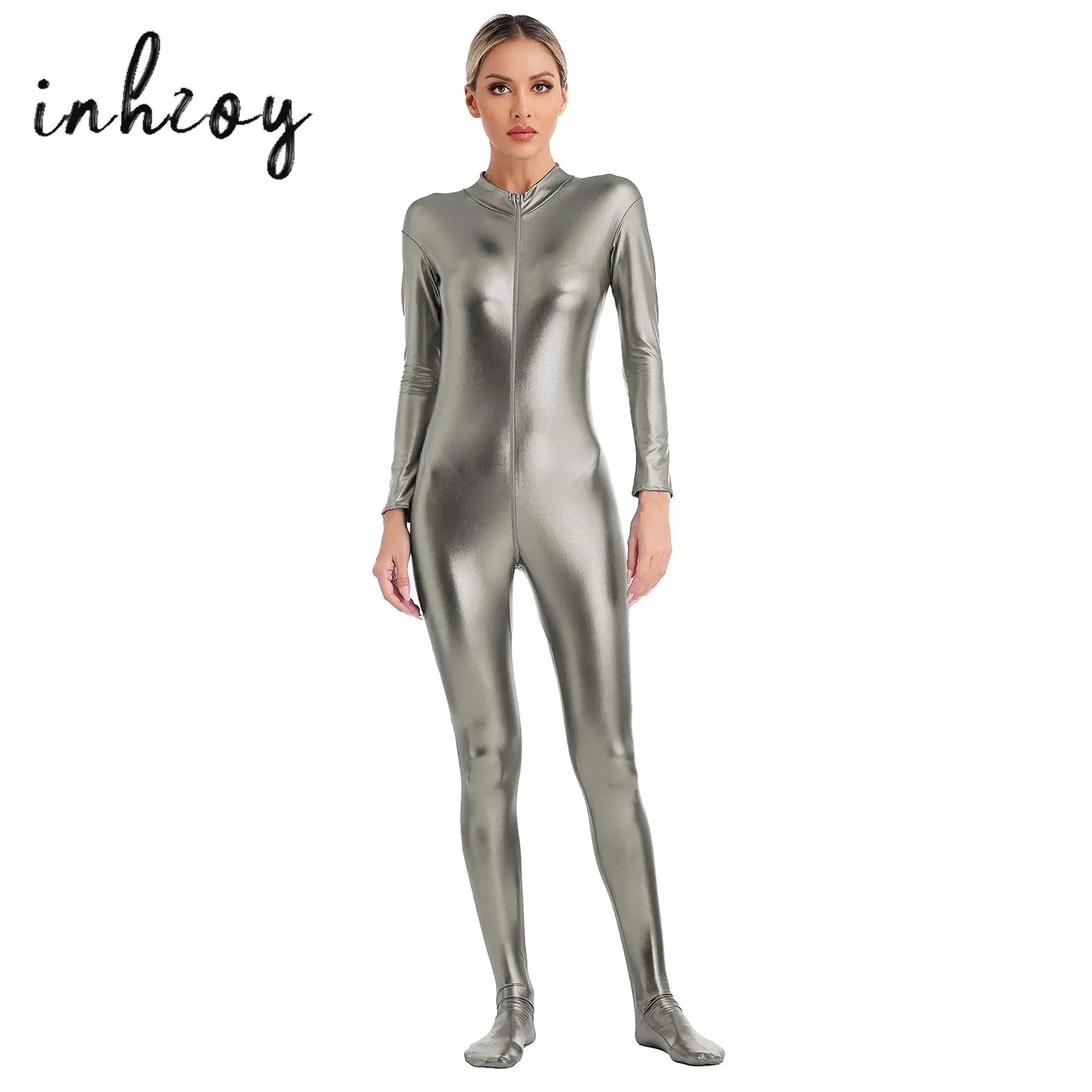

Женский голографический металлический комбинезон зентай с воротником-стойкой и длинными рукавами на молнии, комбинезон для всего тела, колготки для танцевального выступления, клубная одежда