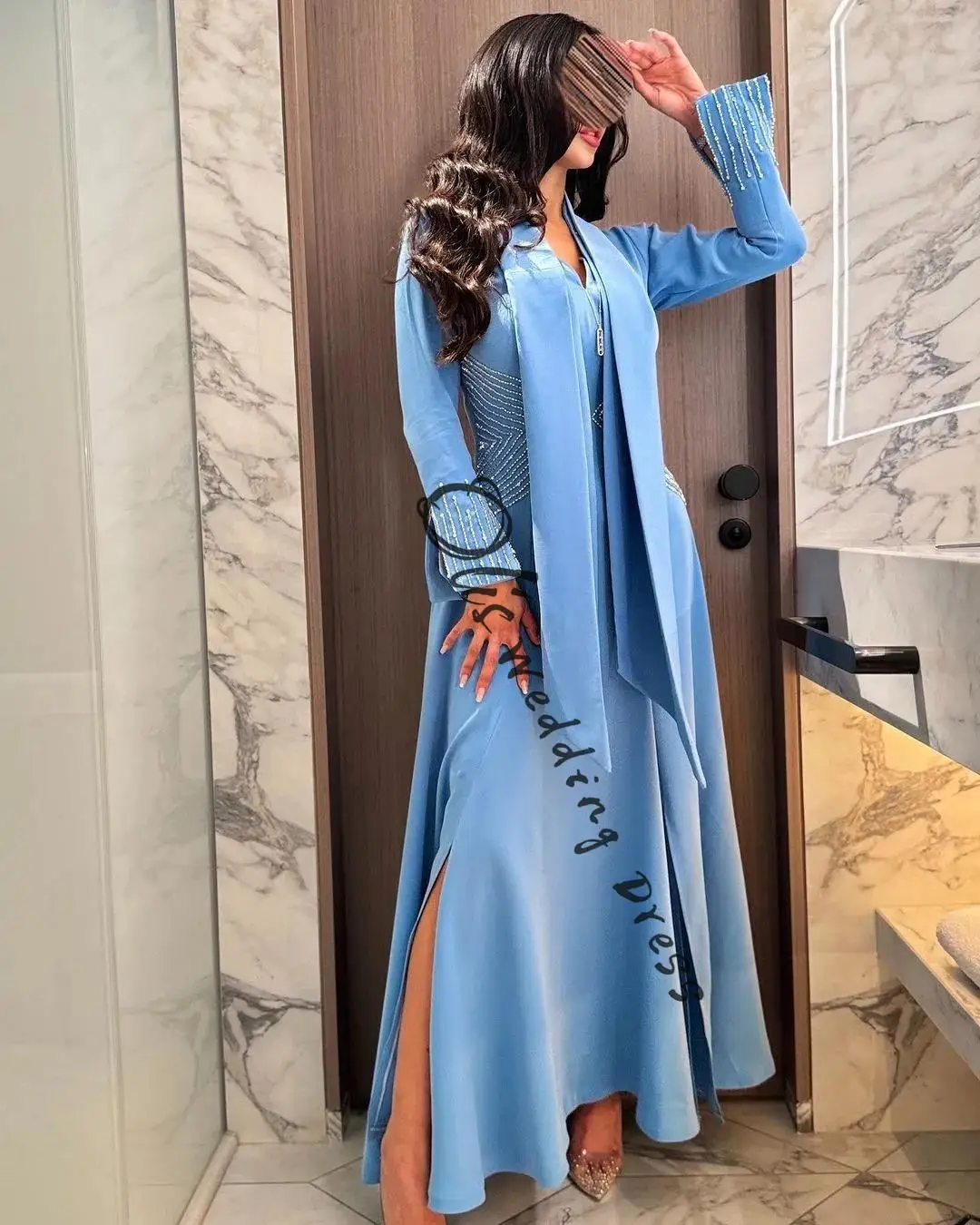 

customized Long Sleeves Prom Dresses V Neck Beadings Floor Length Side Split Party Dresses Evening Dresses